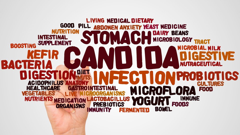 Nuage de mots sur Candida avec une main tenant un marqueur 