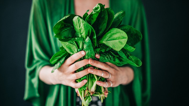 les mains d'une femme tenant un bouquet d'épinards