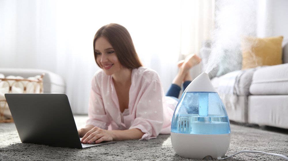 Femme allongée sur le sol en train de taper sur un ordinateur portable à côté d'un humidificateur